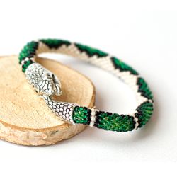 Green snake bracelet, Ouroboros bracelet, Serpent bracelet, Green snakeskin bracelet, Beaded bracelet