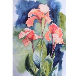 Cannae Painting Botanical Watercolor Painting 12" by 16" Floral Original Art Orange Flower Living Room Wall Art