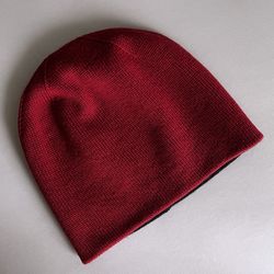 Warm winter beanie. Red hat. Black winter hat. Handmade double sided hat.