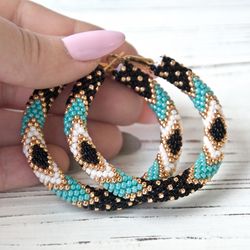 Turquoise hoop earrings Native American inspired / 2.2" Tribal beaded hoop earrings / Seed bead earrings