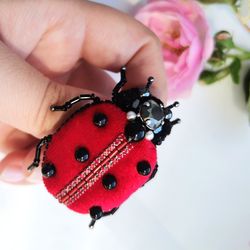 ladybug jewelry brooch beaded, insect jewelry, bug brooch