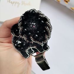 Black Pomeranian jewelry brooch beaded, dog show number clip