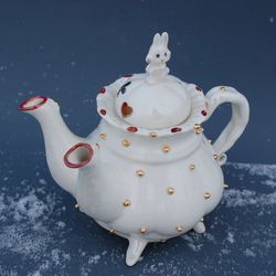 double spout teapot, handmade white porcelain teapot, art whimsical sculpture ,teapot on legs, rabbit figurine