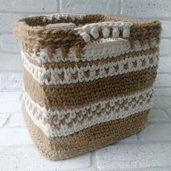 Basket for storage crochet jute.Craft storage basket.Interior decor basket. Basket with jacquard pattern.