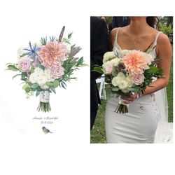 original custom wedding bouquet painting in watercolor bridal flowers portrait anniversary gift for wife personali