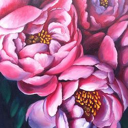 peony oil painting, flowers painting, floral artwork, garden painting, pink flowers, 12 by 16 in