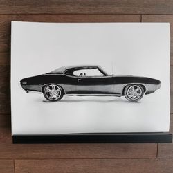 Watercolor painting of a black retro car