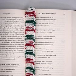 Handmade Knitted White and Red and Green Bookmark