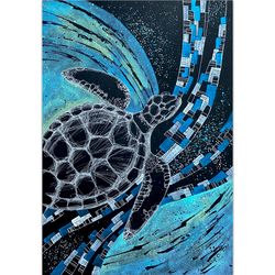 Sea turtle painting Animal Original watercolor Black paper artwork Seaside art Futurism by Rubinova Olesya