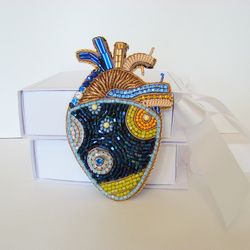 brooch anatomical heart, embroidered brooch, heart brooch, handmade gift, art brooch, beaded jewelry, gift for mother
