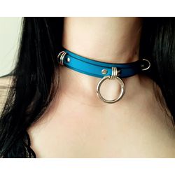 Turquoise leather bdsm day collar. Plus size human collar choker