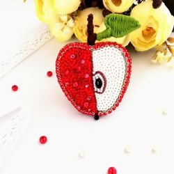Apple embroidered , beaded brooch , Red green author's jewelry