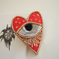 brooch evil eye, red pin, handmade brooch, brooch heart eye, embroidered brooch, beaded jewelry, embroidery gift