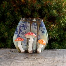 Mushrooms Small Handmade Ceramic Vase, Fly agarics ,Amanita figurine ,Ceramic napkin holder, Brush, pencils Holder