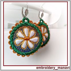 In The Hoop embroidery design FSL earrings round with chamomile