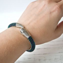 silver snake bracelet, ouroboros, silver snake bangle, serpent bracelet, snake jewelry, beaded bracelet
