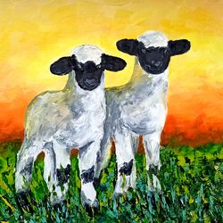 Sheep Painting Pet Portrait Artwork Animal Wall Art Landscape Oil Painting 12 by 12 by Svitlana Verbovetska