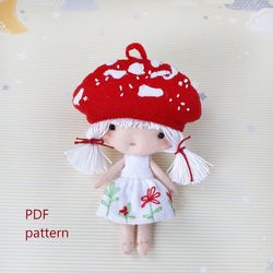 Mushroom Doll sewing pattern and tutorial with photos felt doll in a mushroom hat, Nursery decor neutral