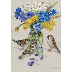 still life of sparrows birds and a bouquet of wildflowers in a jar. original watercolor painting