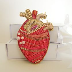 brooch anatomical heart, embroidered brooch, handmade jewelry, crystal brooch, beaded jewelry, handmade accessories,gift