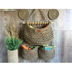 Hanging fruit basket Kitchen storage Three tier Jute basket Boho Wall fruit storage Space saving Sustainable Gift Rustic