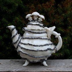 fancy porcelain teapot mushroom figurines handmade white black ceramic teapot surreal handmade teapot porcelain art