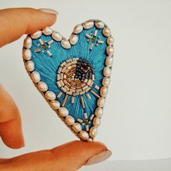brooch heart, embroidered brooch, blue pin, handmade jewelry, beaded accessories, embroidered jewelry, handmade gift