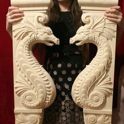 dragon corbel, bracket, large wooden carved wall decor, kitchen island, fireplace surround
