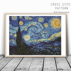 Starry Night cross stitch pattern, Van Gogh cross stitch pattern, Famous embroidery, Instant download, Digital PDF