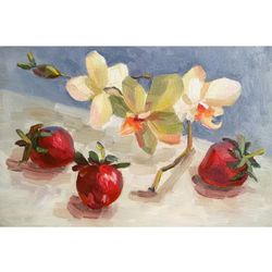 Strawberries Painting Berry Original Art Fruit Wall Art Small Oil Painting 8 x 12" by Svetlana