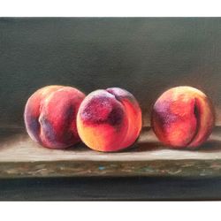 peach painting, original art, fruit painting, food artwork, kitchen artwork, still life painting, 7.1 by 9.4 in
