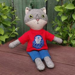 Gray tabby cat boy, cashmere plush kitten, handmade stuffed cat doll