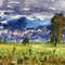 Landscape with cloudy sky. Trees in the meadow. The city on the horizon. Watercolor painting.jpg