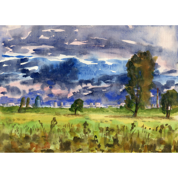 Landscape with cloudy sky. Trees in the meadow. The city on the horizon. Watercolor painting.jpg