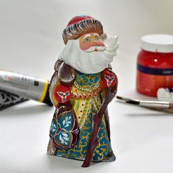 Wooden Russian Santa Claus, hand carved Santa Claus, hand painted russian Santa, Ded Moroz in a red coat Christmas decor