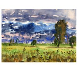 ORIGINAL WATERCOLOR PAINTING summer landscape nature Artwork gift hand painting 8x11 Inch