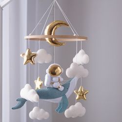Astronaut and whale mobile. Neutral gender nursery decor. Baby shower gift.