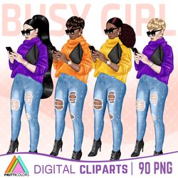 Busy Girl Clipart, Girl Boss PNG, African American Boss Girl Fashion Illustration, Denim Girl Digital Planner Stickers