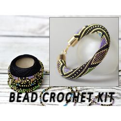 Bead crochet kit, diy jewelry kit, black gold beaded bracelet diy, kit to make bracelet