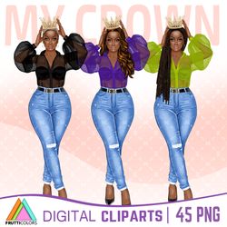 Melanin Queen Clipart Bundle - African American Girl Clipart, Queen Girl PNG, Afro Woman PNG, Denim Girl PNG