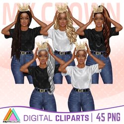 Melanin Queen Clipart Bundle - African American Girl Clipart, Queen Illustration, Fashion Afro Girls PNG, Denim Girl PNG