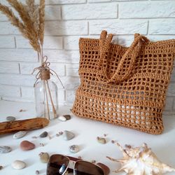 raffia net bag in beige crochet raffia bag summer tote bag straw mesh bag, handcrafted bag summer women bag