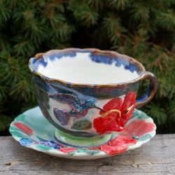 Porcelain tea cup & saucer set ,coffee set ,Red hibiscus and birds, Relief Art Mug, Saucer with decor ,Handmade ceramic