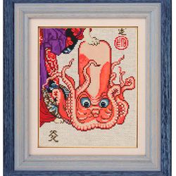 Octopus, Cross stitch pattern 98x120, Utagawa Kuniyoshi engraving detale