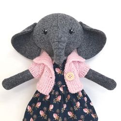 Gray elephant girl, wool plush doll, handmade stuffed elephant