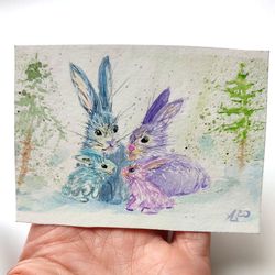 Rabbit painting original watercolor art ACEO Rabbit portrait family miniature artwork bunny portrait pets art