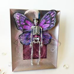 Deceased fae. Silver skeleton faery. Dead fairy. Butterfly wing. Curiosity cabinet. Oddities home decor. Fairy skeleton