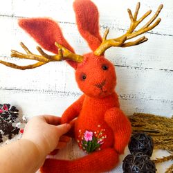 Jackalope stuffed animal. Toy Jackalope stuff. Crocheted animal Jackalope plush. Soft toy rabbit figurine with horns.