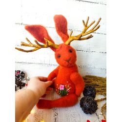 Jackalope stuffed animal. Toy Jackalope stuff. Crocheted animal Jackalope plush. Soft toy rabbit figurine with horns.
