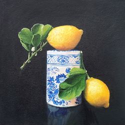 Lemon Painting, Original Art, Fruit Painting, Food Artwork, Kitchen Artwork, Still life Painting, 12 by 12 in